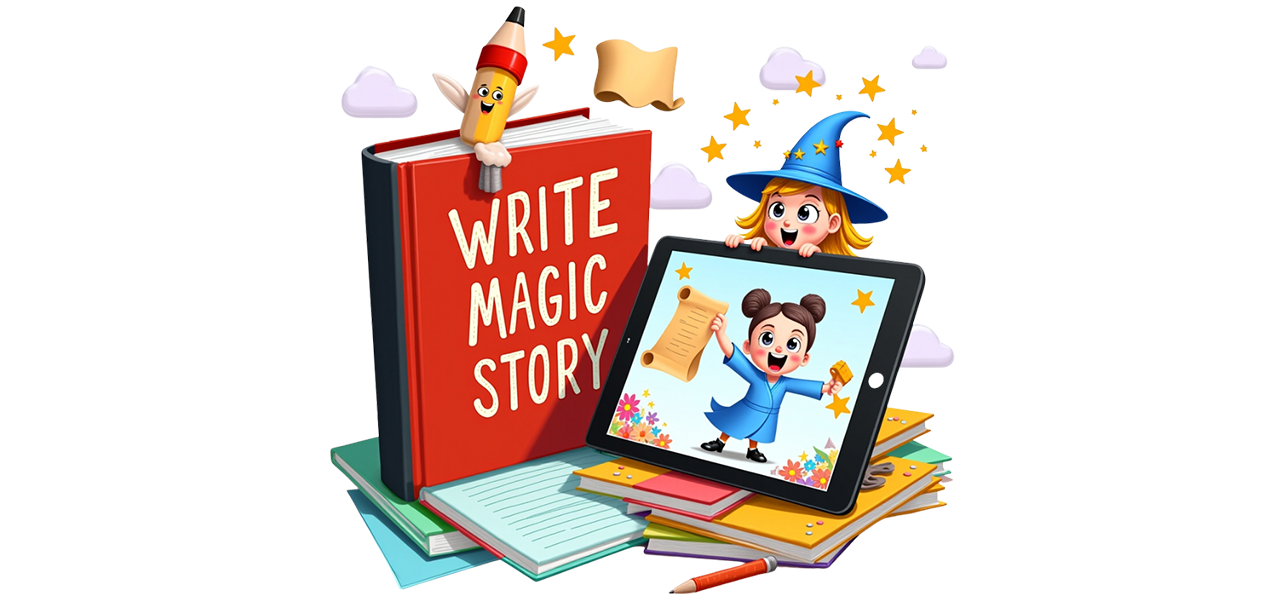 A colorful children's book with illustrations beside a tablet showing a virtual coaching session.
